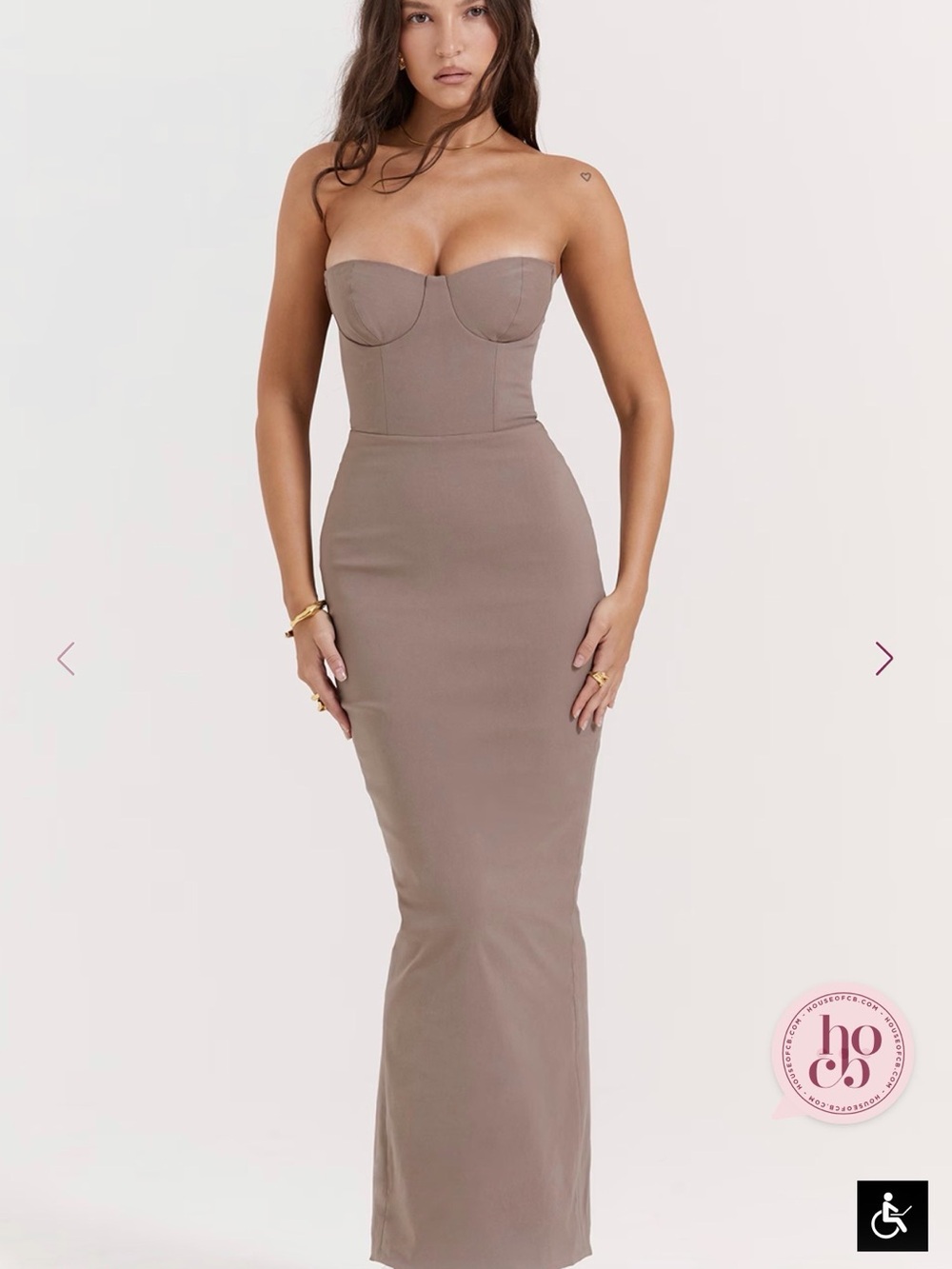 House of CB Lucia Taupe Strapless Corset Maxi Dress NWOT